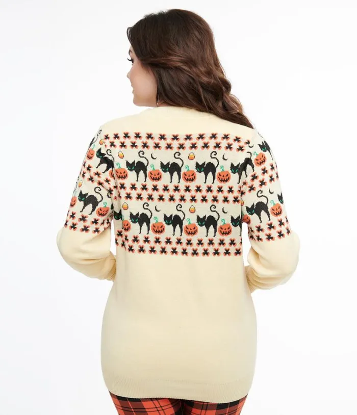 1960s Ivory and Orange Halloween Print Cardigan ClothingHalloween Unique Vintage Sweaters and Cardigans