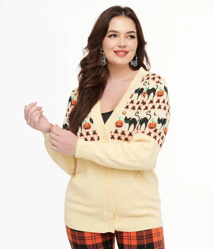 1960s Ivory and Orange Halloween Print Cardigan ClothingHalloween Unique Vintage Sweaters and Cardigans