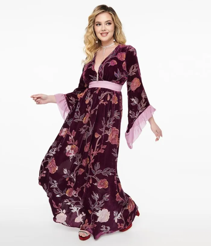 1960s Purple Floral Burnout Velvet Maxi Dress Dresses Unique Vintage Maxi
