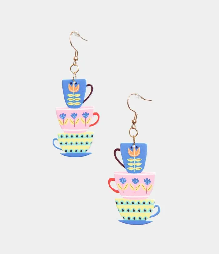 1960s Retro Teacups and Saucers Drop Earrings Accessories Unique Vintage Earrings