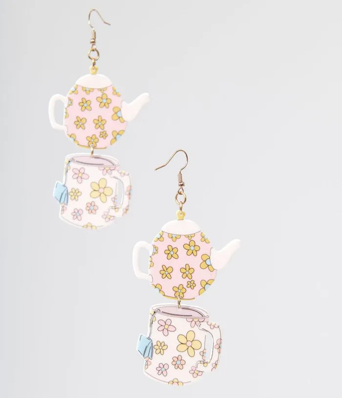 1960s Spot Of Tea Flower Teapot and Teacup Earrings Accessories Unique Vintage Earrings 1960s Spot Of Tea Flower Teapot and Teacup Earrings Accessories Unique Vintage Earrings