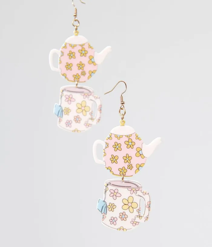 1960s Spot Of Tea Flower Teapot and Teacup Earrings Accessories Unique Vintage Earrings