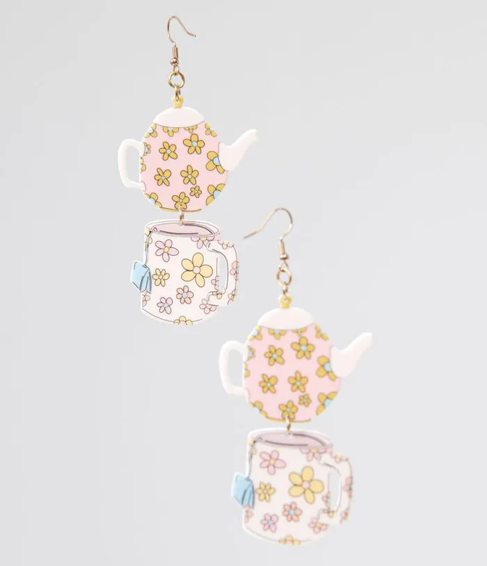 1960s Spot Of Tea Flower Teapot and Teacup Earrings Accessories Unique Vintage Earrings