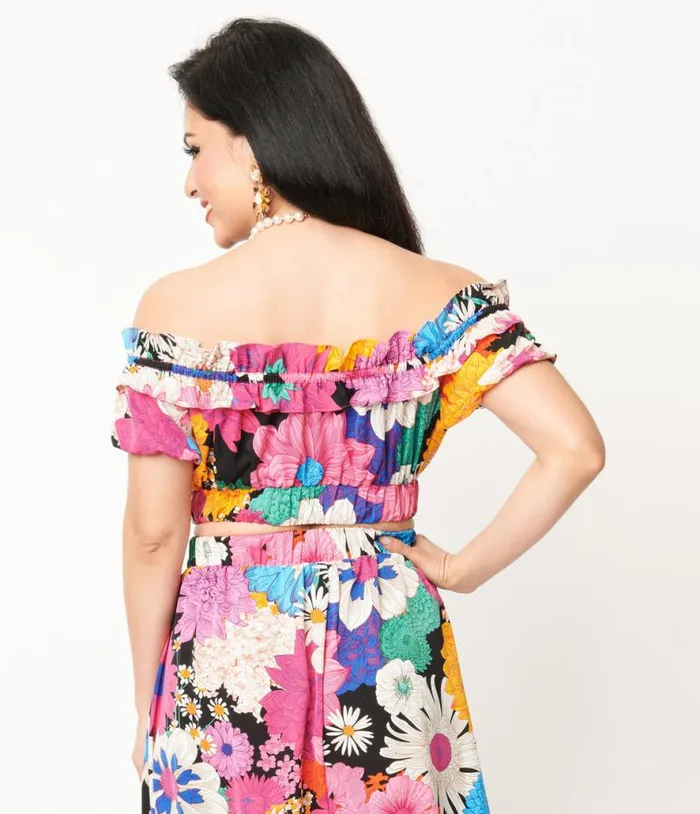 1970s Black and Pink Floral Off Ruffle Up Crop Top Clothing Unique Vintage Blouses