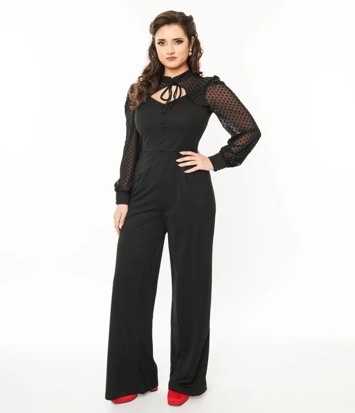 1970s Black and Polka Dot Long Sleeve Jumpsuit Clothing Unique Vintage Rompers and Jumpsuits 1970s Black and Polka Dot Long Sleeve Jumpsuit Clothing Unique Vintage Rompers and Jumpsuits