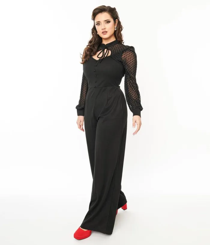 1970s Black and Polka Dot Long Sleeve Jumpsuit Clothing Unique Vintage Rompers and Jumpsuits