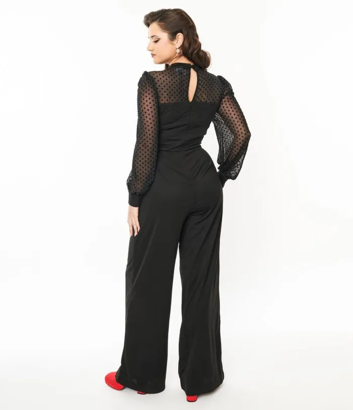 1970s Black and Polka Dot Long Sleeve Jumpsuit Clothing Unique Vintage Rompers and Jumpsuits
