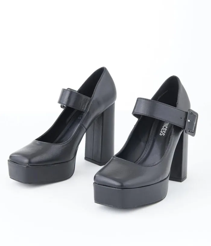 1970s Black Leatherette Platform Mary Jane Heels Shoes Unique Vintage Heels