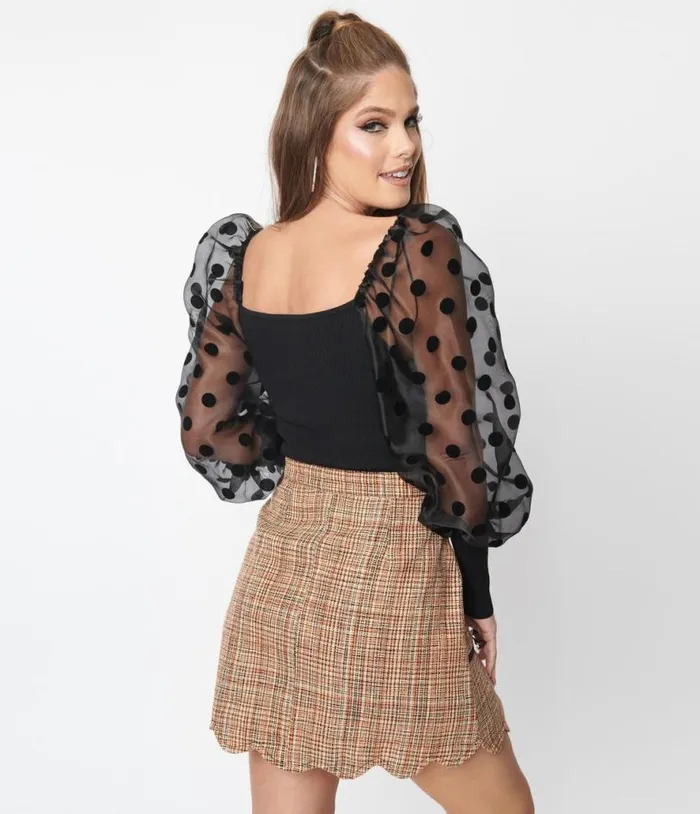 1970s Black Polka Dot Chiffon Sleeve Top Clothing Unique Vintage Blouses