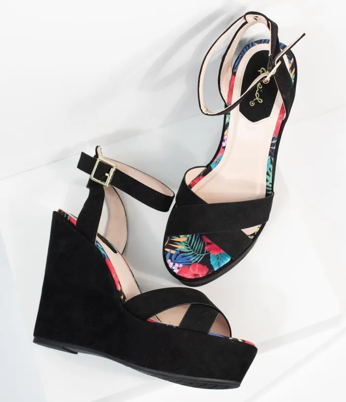 1970s Black Suede Platform Sandal Wedge Shoes Unique Vintage Sandals