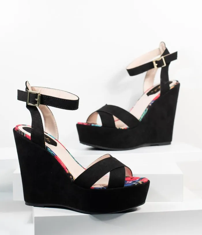 1970s Black Suede Platform Sandal Wedge Shoes Unique Vintage Sandals