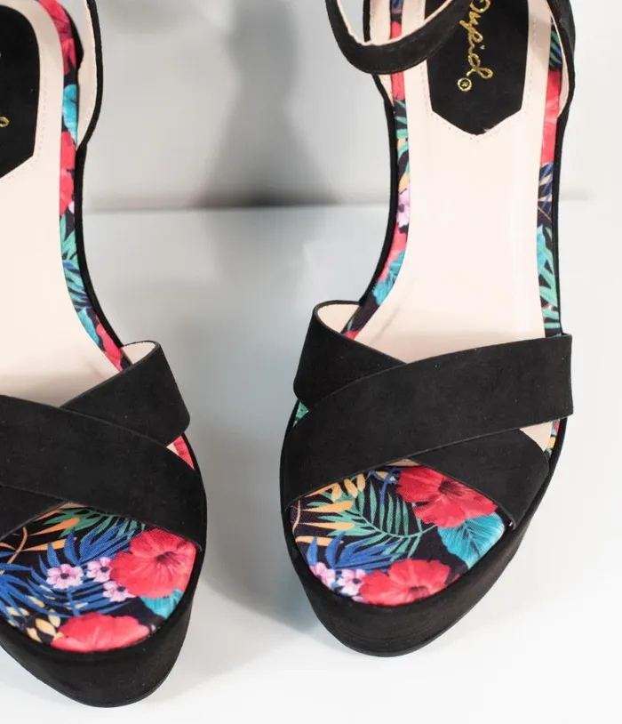 1970s Black Suede Platform Sandal Wedge Shoes Unique Vintage Sandals