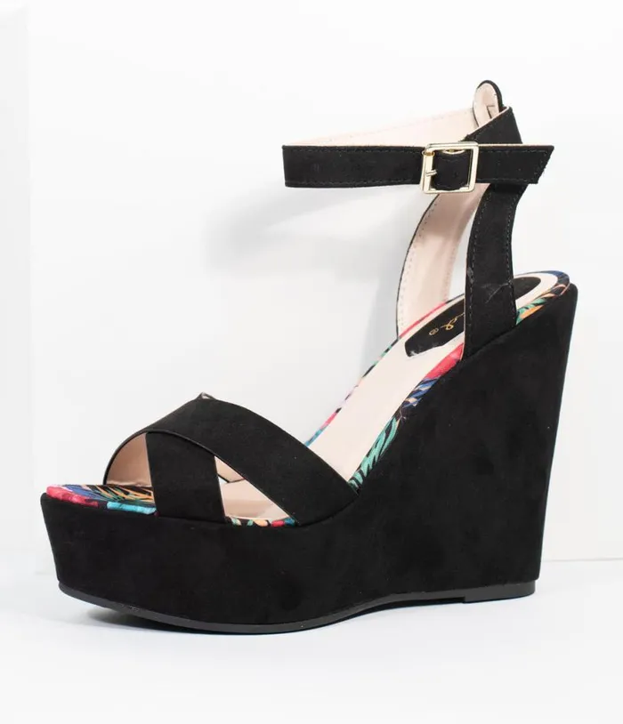 1970s Black Suede Platform Sandal Wedge Shoes Unique Vintage Sandals