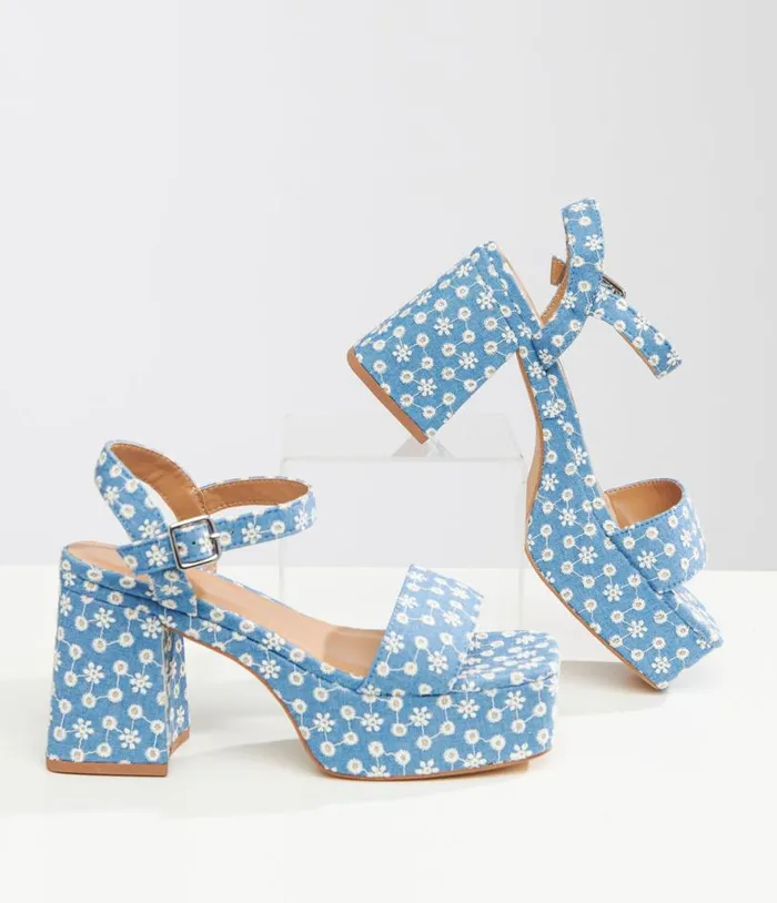 1970s Blue Daisy Denim Platform Sandals Shoes Unique Vintage Sandals