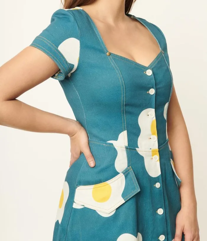 1970s Blue Denim and Egg Flower Print Flare Dress DressesPlus Unique Vintage Pocket Dresses