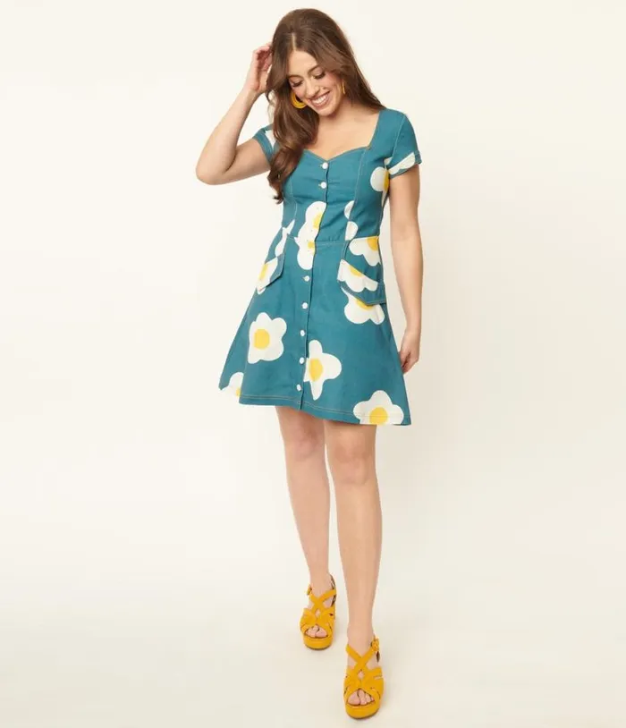 1970s Blue Denim and Egg Flower Print Flare Dress DressesPlus Unique Vintage Pocket Dresses
