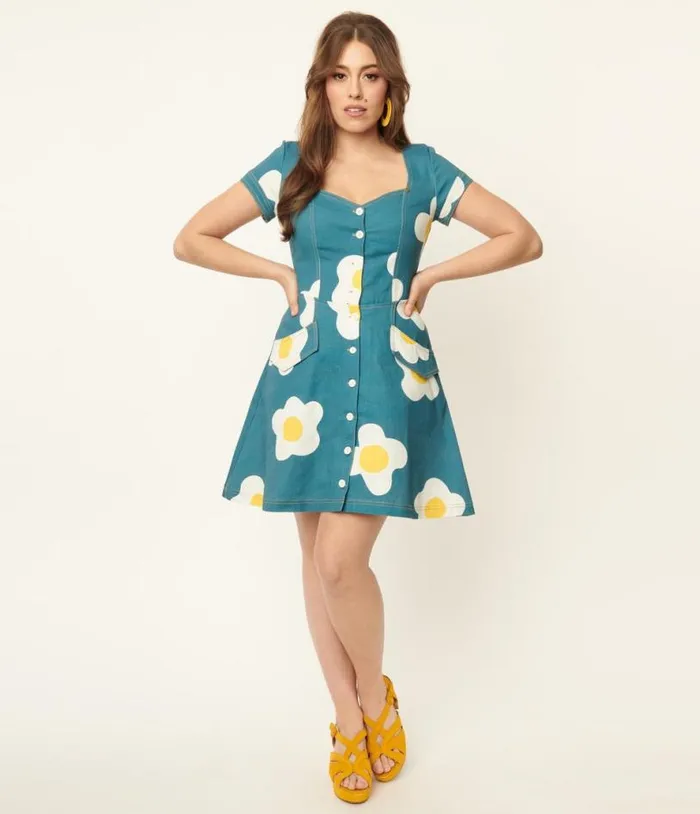 1970s Blue Denim and Egg Flower Print Flare Dress DressesPlus Unique Vintage Pocket Dresses