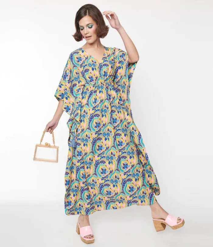 1970s Blue Multicolor Rapture Caftan DressesPlus Unique Vintage Midi and Maxi 1970s Blue Multicolor Rapture Caftan DressesPlus Unique Vintage Midi and Maxi