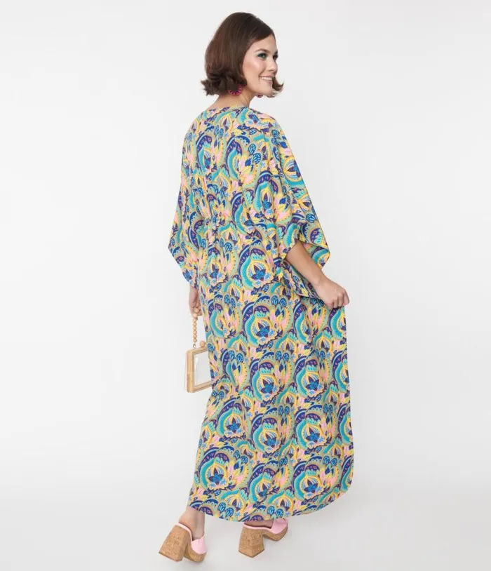 1970s Blue Multicolor Rapture Caftan DressesPlus Unique Vintage Midi and Maxi