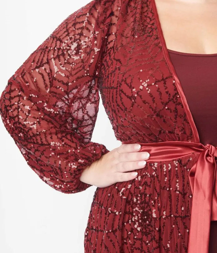 1970s Burgundy Spiderweb Sequin Hollywood Duster Halloween Unique Vintage Dresses
