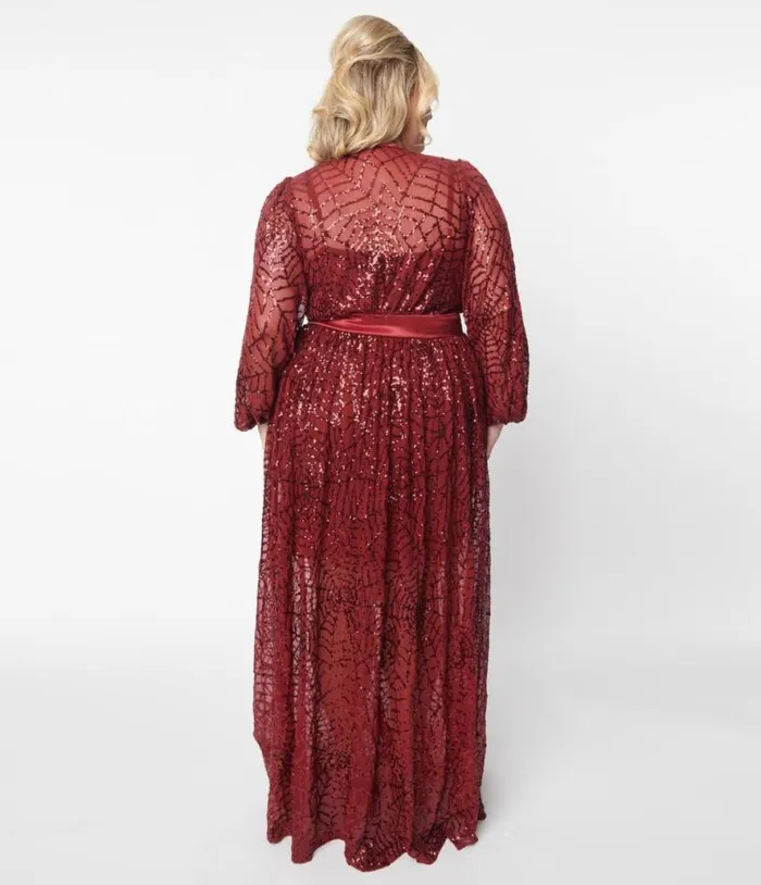 1970s Burgundy Spiderweb Sequin Hollywood Duster Halloween Unique Vintage Dresses