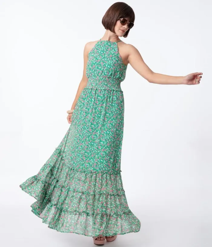 1970s Green and Pink Floral Sleeveless Maxi Dress Dresses Unique Vintage Maxi 1970s Green and Pink Floral Sleeveless Maxi Dress Dresses Unique Vintage Maxi