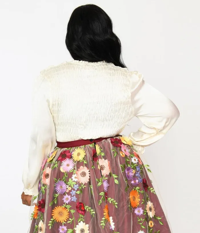 1970s Ivory Satin Smocked Ruffle Trim Blouse ClothingPlus Unique Vintage Blouses