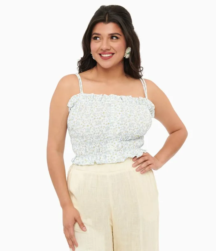 1970s Light Blue Daisy Smocked Crop Top Clothing Unique Vintage Blouses