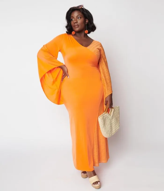 1970s Neon Orange Lace Maxi Dress DressesPlus Unique Vintage Midi and Maxi