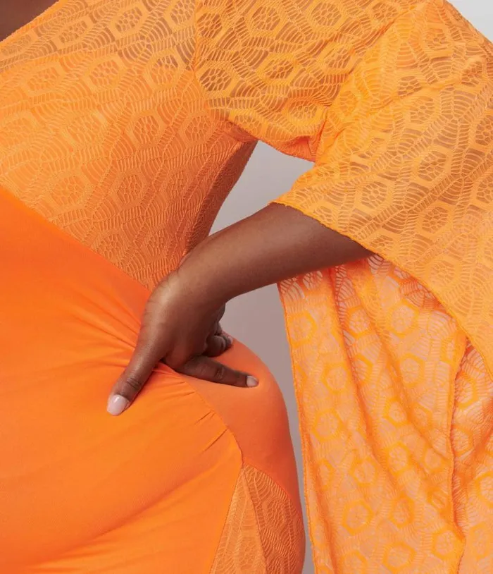 1970s Neon Orange Lace Maxi Dress DressesPlus Unique Vintage Midi and Maxi
