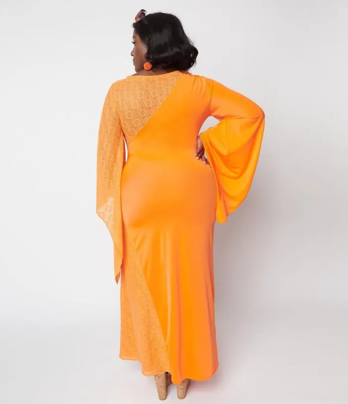 1970s Neon Orange Lace Maxi Dress DressesPlus Unique Vintage Midi and Maxi