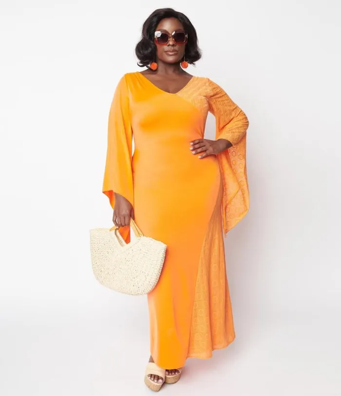 1970s Neon Orange Lace Maxi Dress DressesPlus Unique Vintage Midi and Maxi