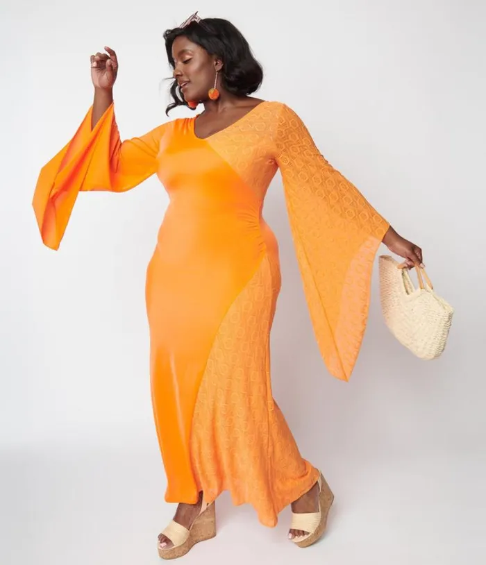 1970s Neon Orange Lace Maxi Dress DressesPlus Unique Vintage Midi and Maxi