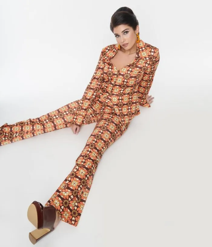 1970s Orange and Brown Mosaic Flare Pants Clothing Unique Vintage Pants