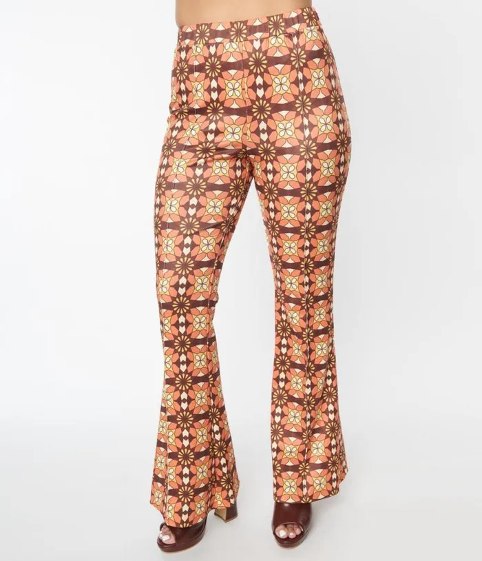 1970s Orange and Brown Mosaic Flare Pants Clothing Unique Vintage Pants