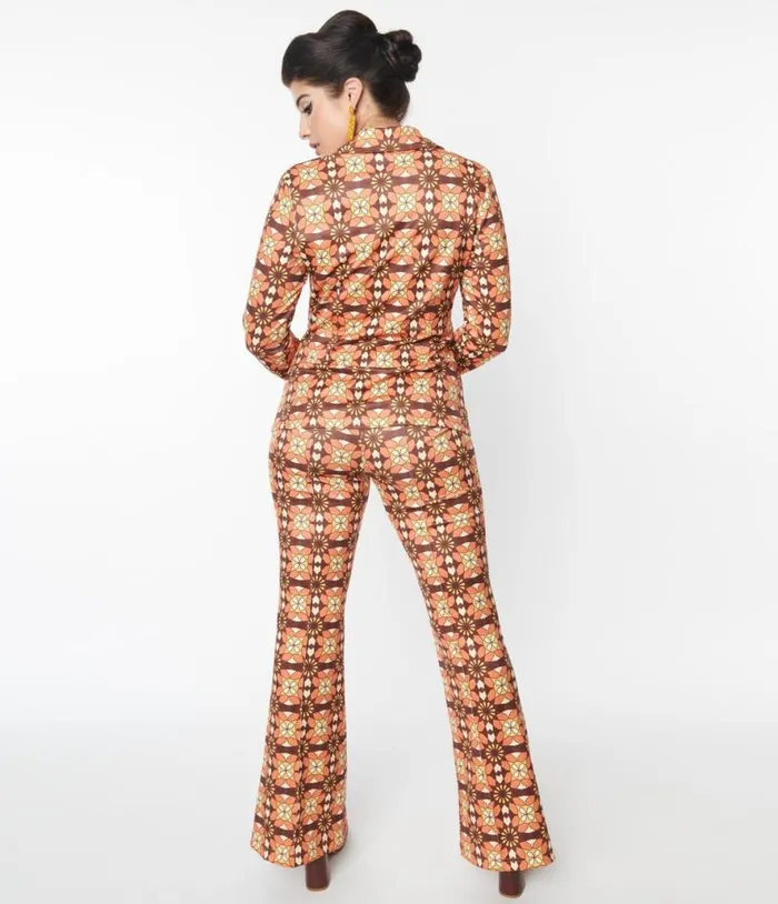 1970s Orange and Brown Mosaic Flare Pants Clothing Unique Vintage Pants
