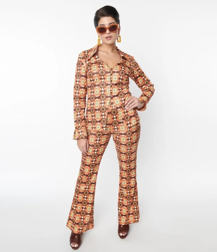 1970s Orange and Brown Mosaic Flare Pants Clothing Unique Vintage Pants