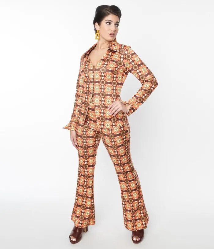 1970s Orange and Brown Mosaic Flare Pants Clothing Unique Vintage Pants