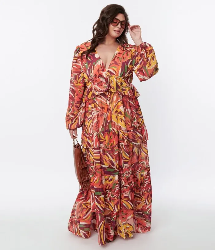 1970s Orange and Multicolor Leaf Maxi Dress DressesPlus Unique Vintage Midi and Maxi 1970s Orange and Multicolor Leaf Maxi Dress DressesPlus Unique Vintage Midi and Maxi