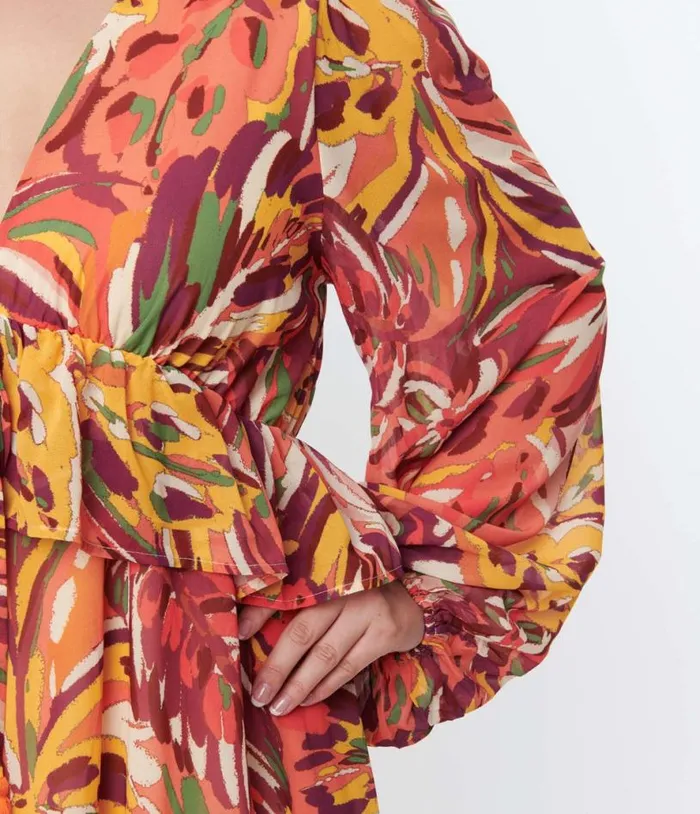 1970s Orange and Multicolor Leaf Maxi Dress DressesPlus Unique Vintage Midi and Maxi