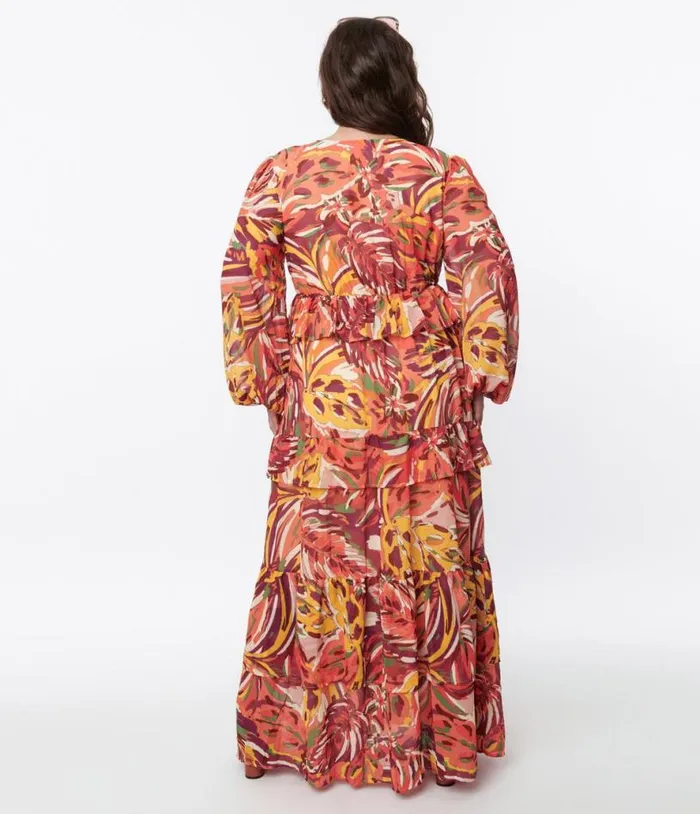 1970s Orange and Multicolor Leaf Maxi Dress DressesPlus Unique Vintage Midi and Maxi