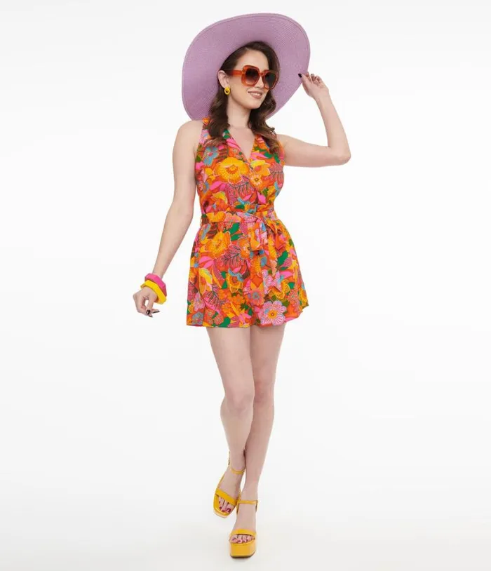 1970s Orange Floral Surplice Idalia Honey Romper ClothingPlus Unique Vintage Rompers and Jumpsuits