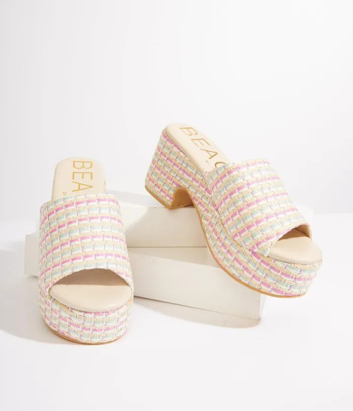 1970s Pastel Rainbow Rattan Platform Mule Sandals Shoes Unique Vintage Sandals 1970s Pastel Rainbow Rattan Platform Mule Sandals Shoes Unique Vintage Sandals