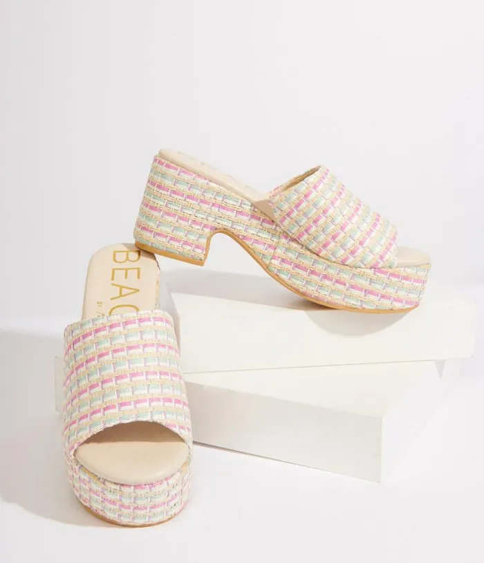1970s Pastel Rainbow Rattan Platform Mule Sandals Shoes Unique Vintage Sandals