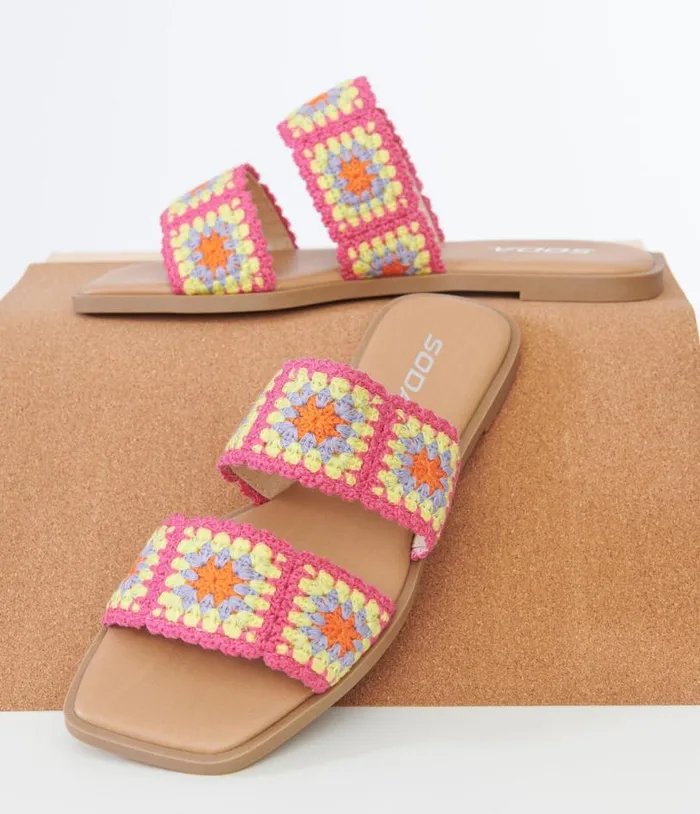 1970s Pink Crochet Square Sandals Shoes Unique Vintage Flats