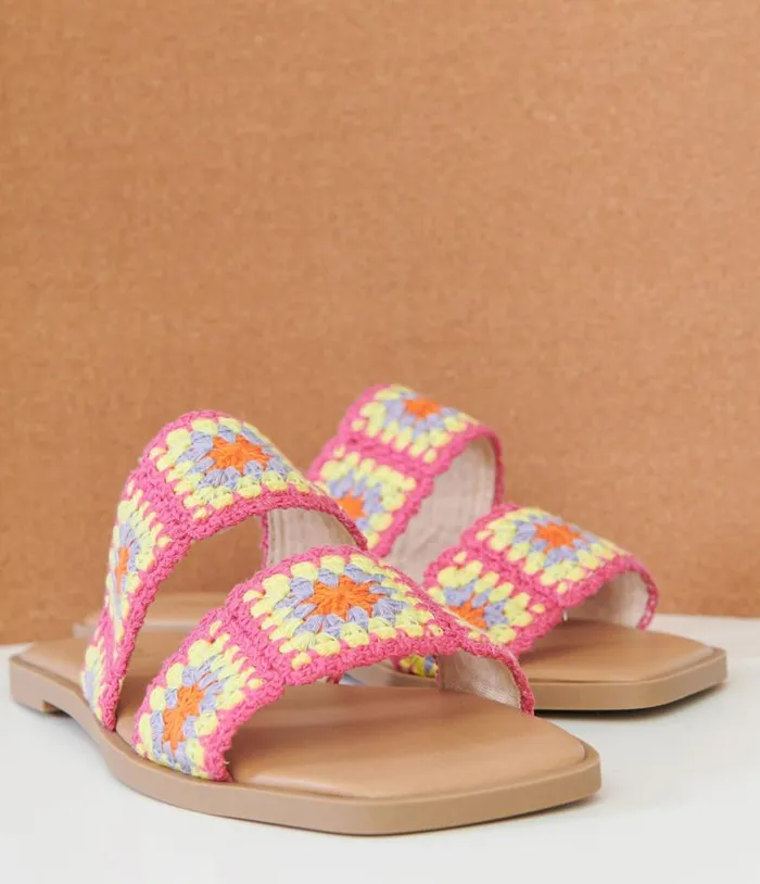1970s Pink Crochet Square Sandals Shoes Unique Vintage Flats