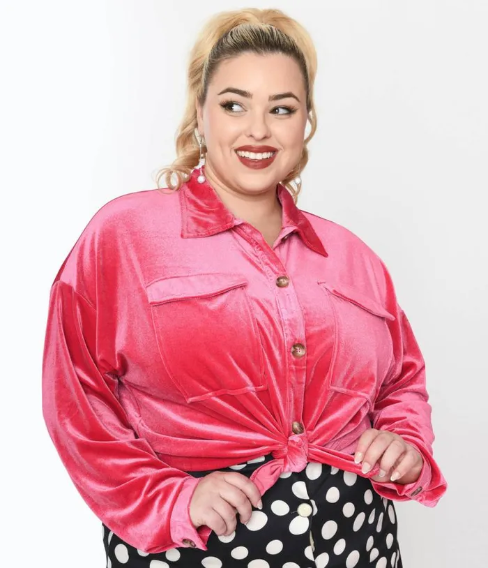 1970s Pink Velvet Button Down Shirt ClothingPlus Unique Vintage Blouses