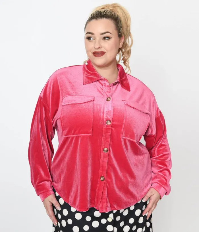 1970s Pink Velvet Button Down Shirt ClothingPlus Unique Vintage Blouses