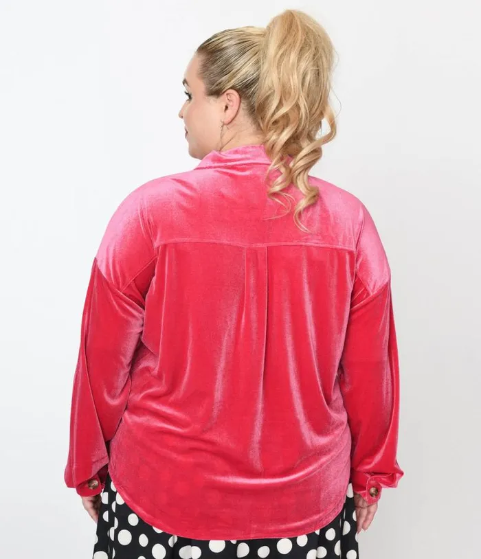 1970s Pink Velvet Button Down Shirt ClothingPlus Unique Vintage Blouses