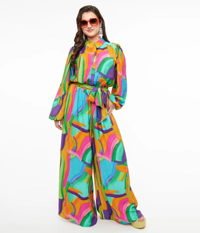 1970s Rainbow Geometric Long Sleeve Jumpsuit ClothingPlus Unique Vintage Rompers and Jumpsuits 1970s Rainbow Geometric Long Sleeve Jumpsuit ClothingPlus Unique Vintage Rompers and Jumpsuits